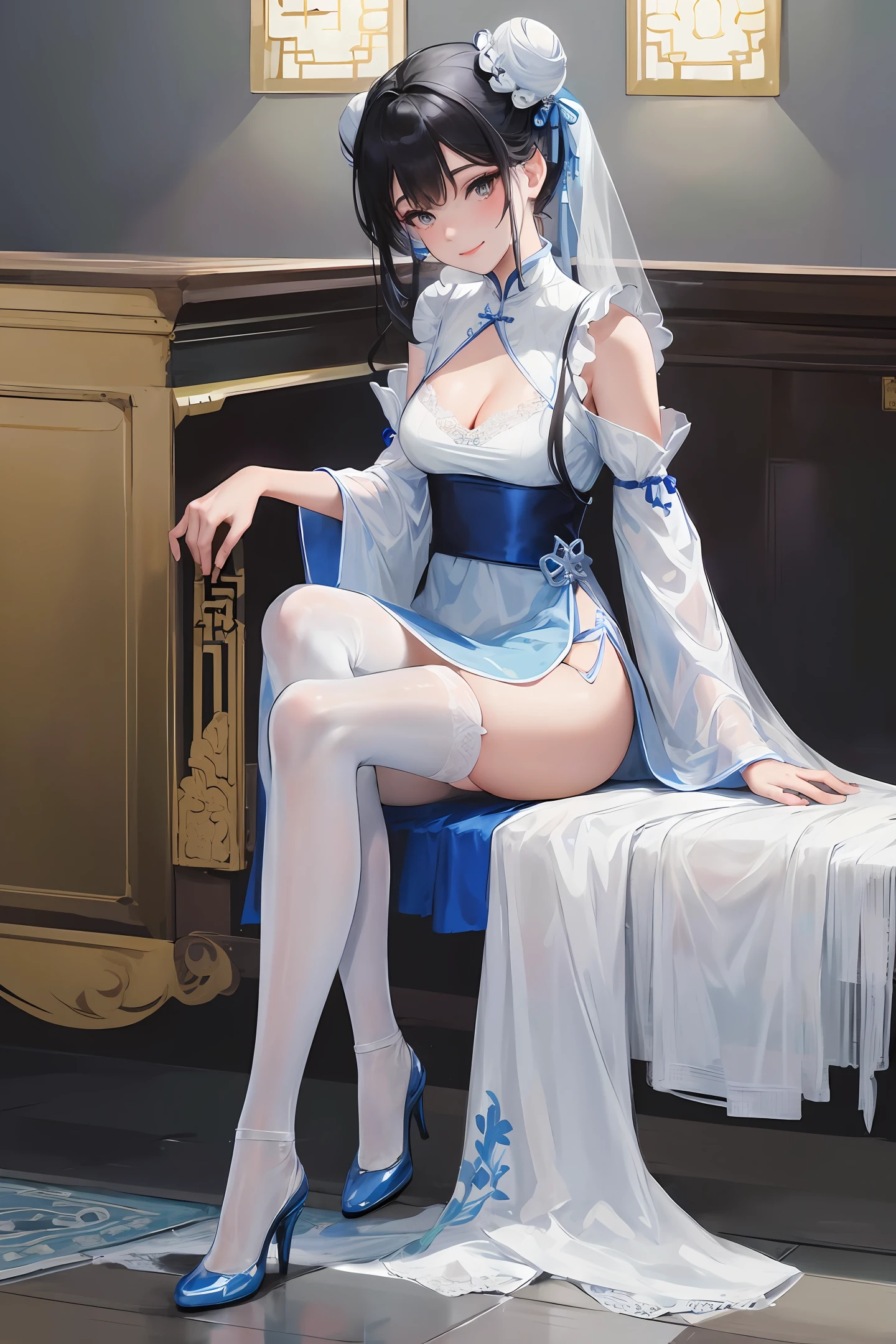 Masterpiece, top quality, 1 girl, white cloth bun bun, finger on mouth, legs wearing white stockings with lace trim, blue cheongsam, blue dress, a little cleavage, shoulders, high heels, black hair, smile, embroidered dress, Full body photo, ancient Chinese style,