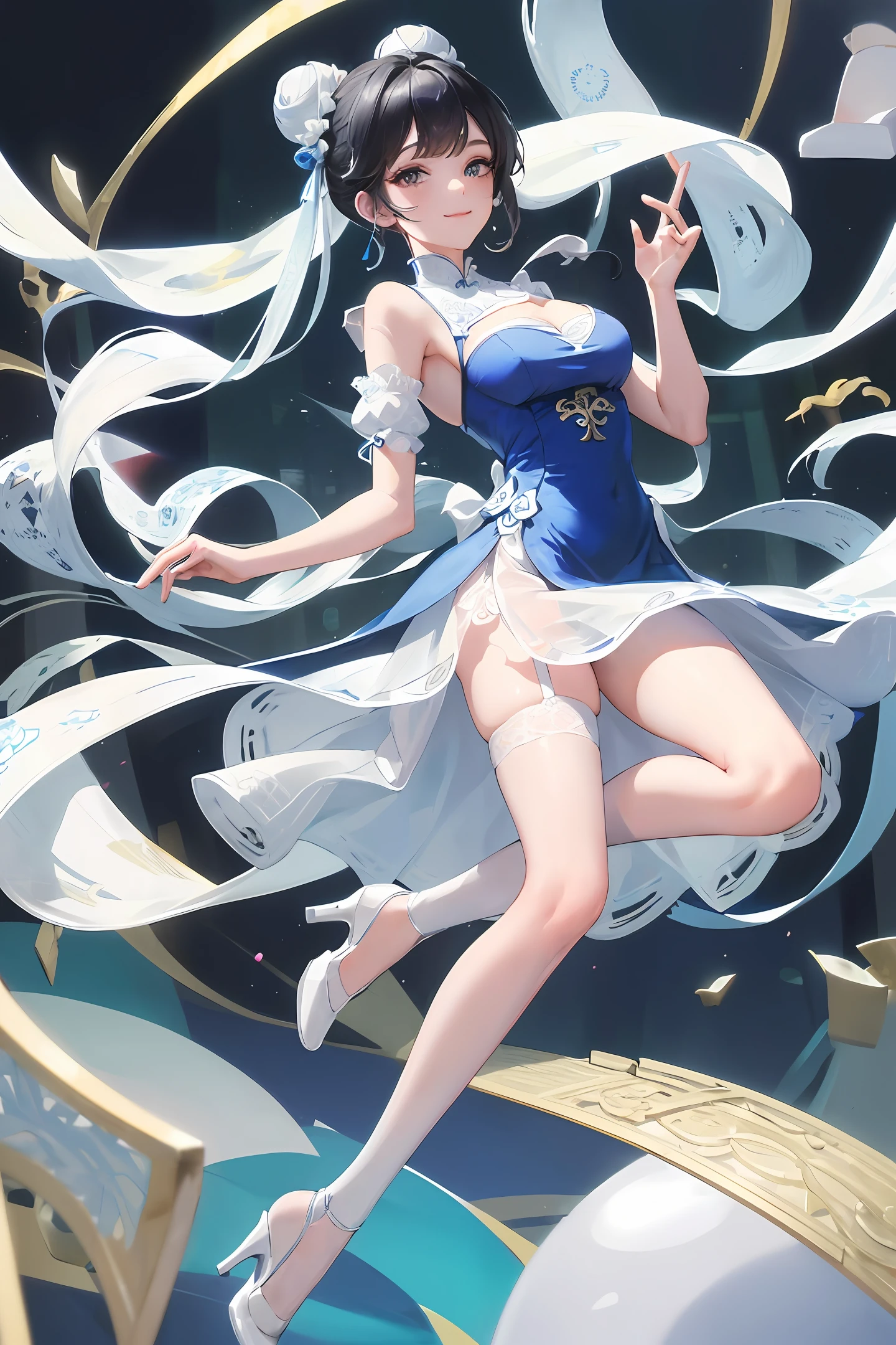 Masterpiece, top quality, 1 girl, white cloth bun bun, finger on mouth, legs wearing white stockings with lace trim, blue cheongsam, blue dress, a little cleavage, shoulders, high heels, black hair, smile, embroidered dress, Full body photo, ancient Chinese style,