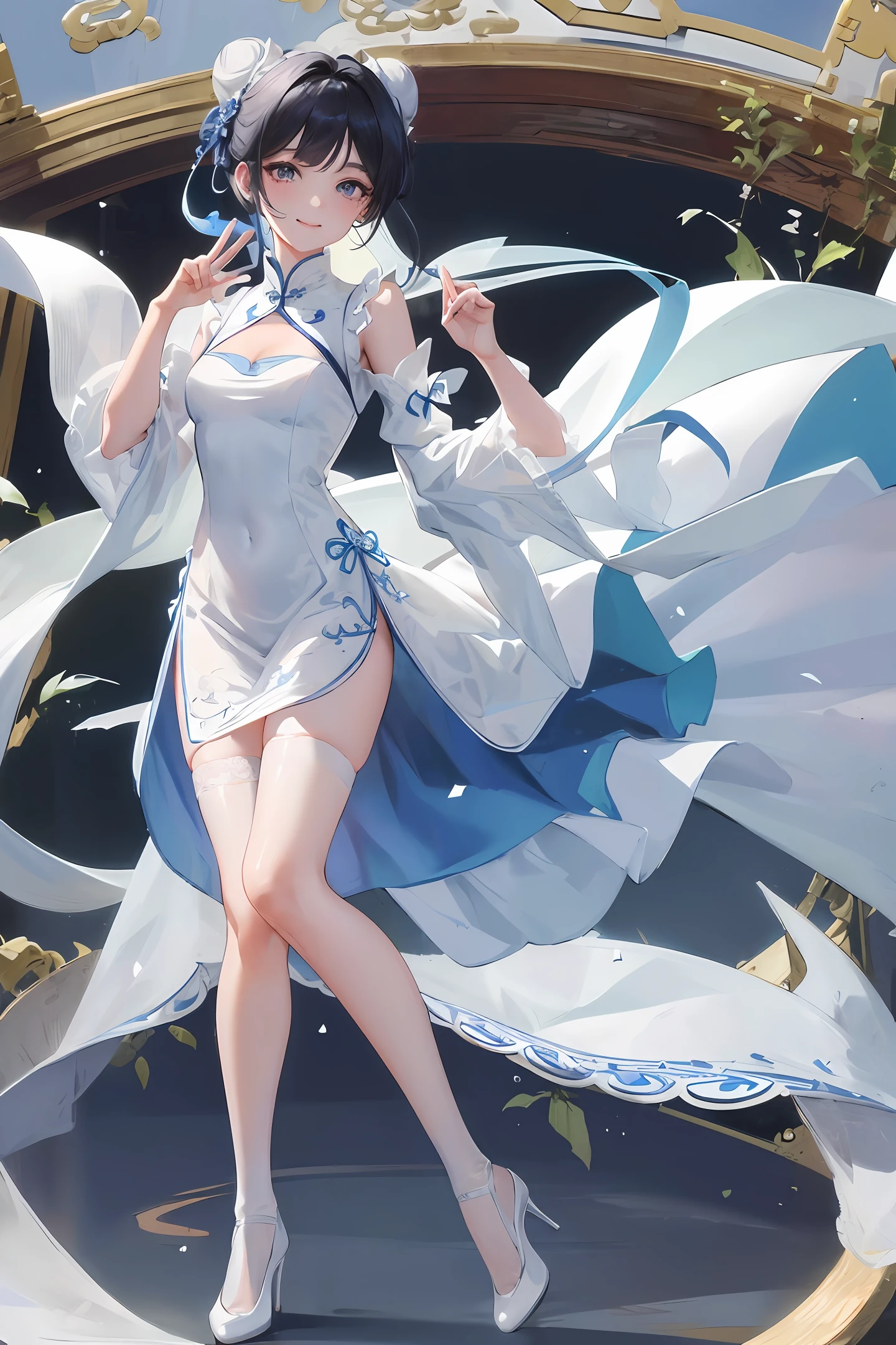 Masterpiece, top quality, 1 girl, white cloth bun bun, finger on mouth, legs wearing white stockings with lace trim, blue cheongsam, blue dress, a little cleavage, shoulders, high heels, black hair, smile, embroidered dress, Full body photo, ancient Chinese style,