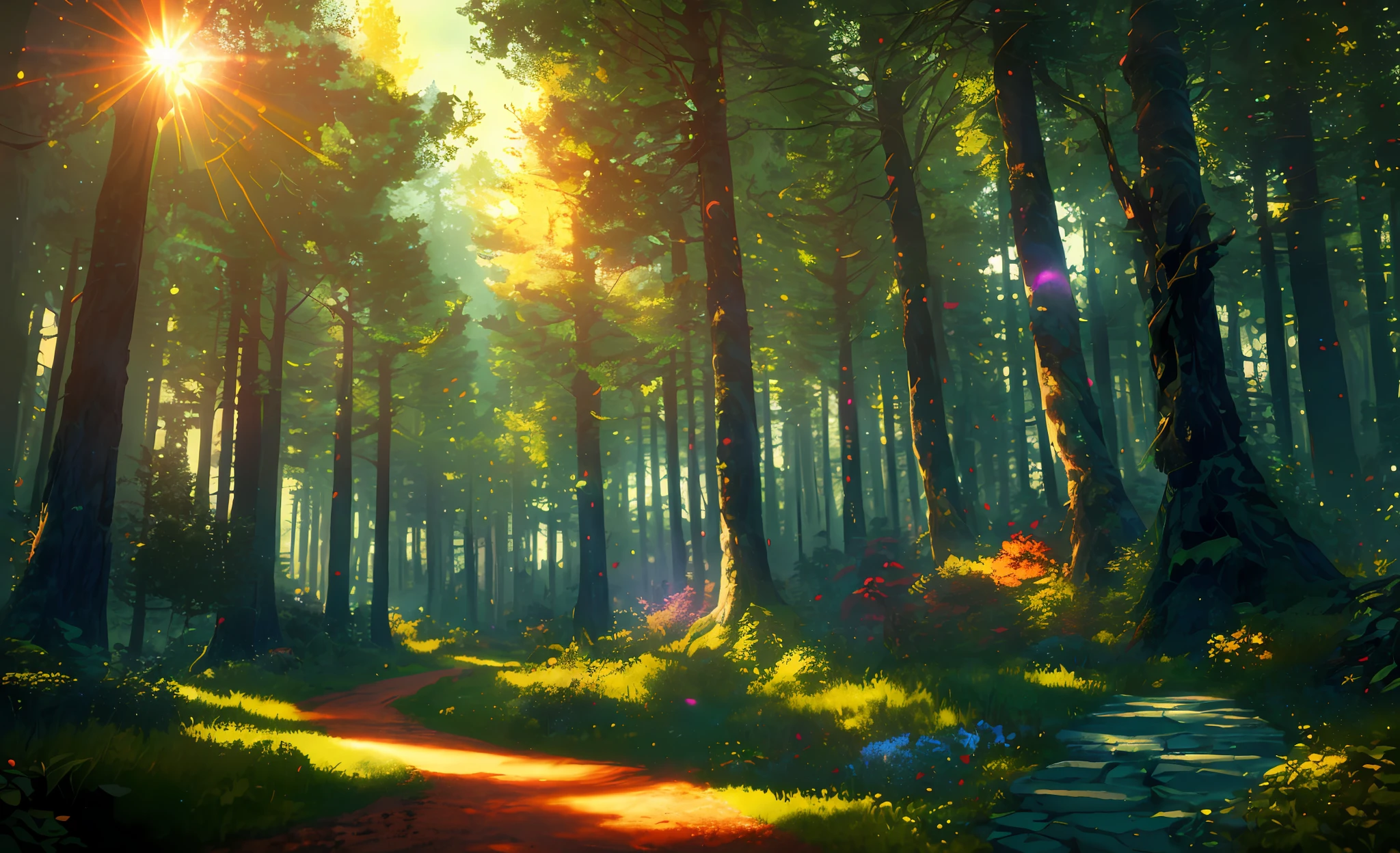 Analog style, ChromaV5, nwinkpunk (extremely detailed CG unity 8k wallpaper), forest scenery from The Nine Princes of Amber, lens flares, award-winning photography, chromatic aberration, detail, HDR, Bloom, Monet style, Pissarro and Sisley, trending on ArtStation , a trend on CGSociety, art from mid-travel