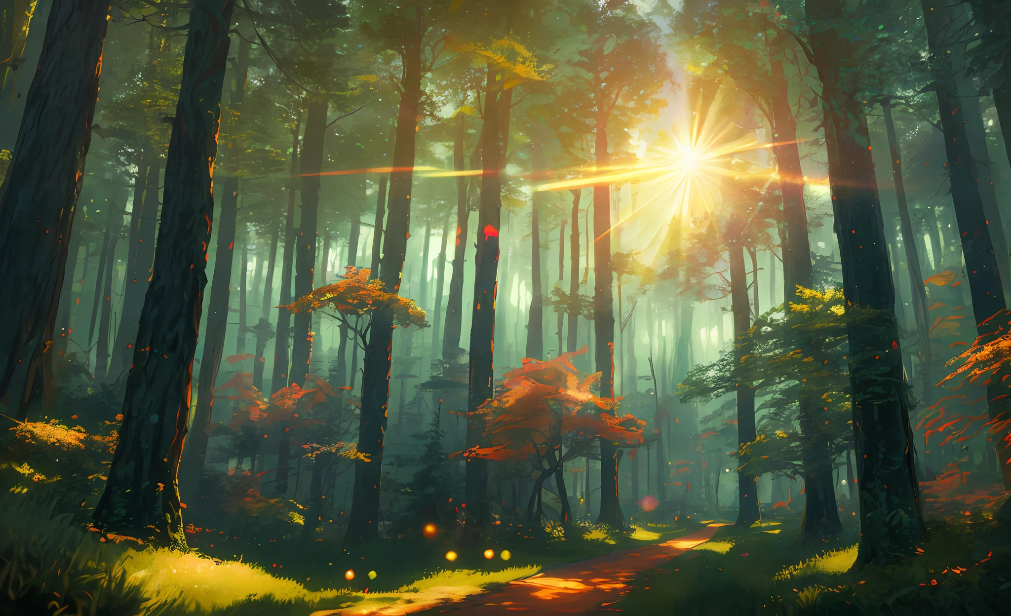 Analog style, ChromaV5, nwinkpunk (extremely detailed CG unity 8k wallpaper), forest scenery from The Nine Princes of Amber, lens flares, award-winning photography, chromatic aberration, detail, HDR, Bloom, Monet style, Pissarro and Sisley, trending on ArtStation , a trend on CGSociety, art from mid-travel