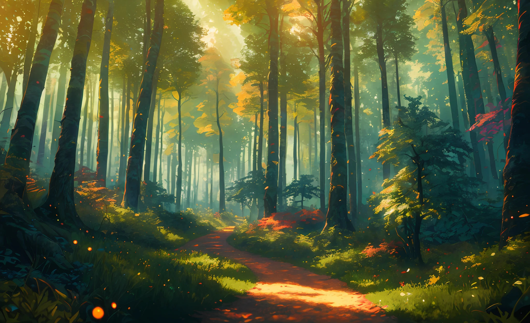 Top quality masterpiece (green forest), beautiful sun (highly detailed CG unity 8k wallpaper), (best quality), (best illustration), (best shadows), glowing sprites, glowing deer drinking water in a pool, forest-themed nature elements . Mysterious forest, beautiful forest, nature surrounded by flowers, delicate leaves and branches surrounded by fireflies (natural elements), (jungle theme), (leaves), (branches), (fireflies), (particle effects), etc. 3D , octa rendering, ray tracing, hyper detail