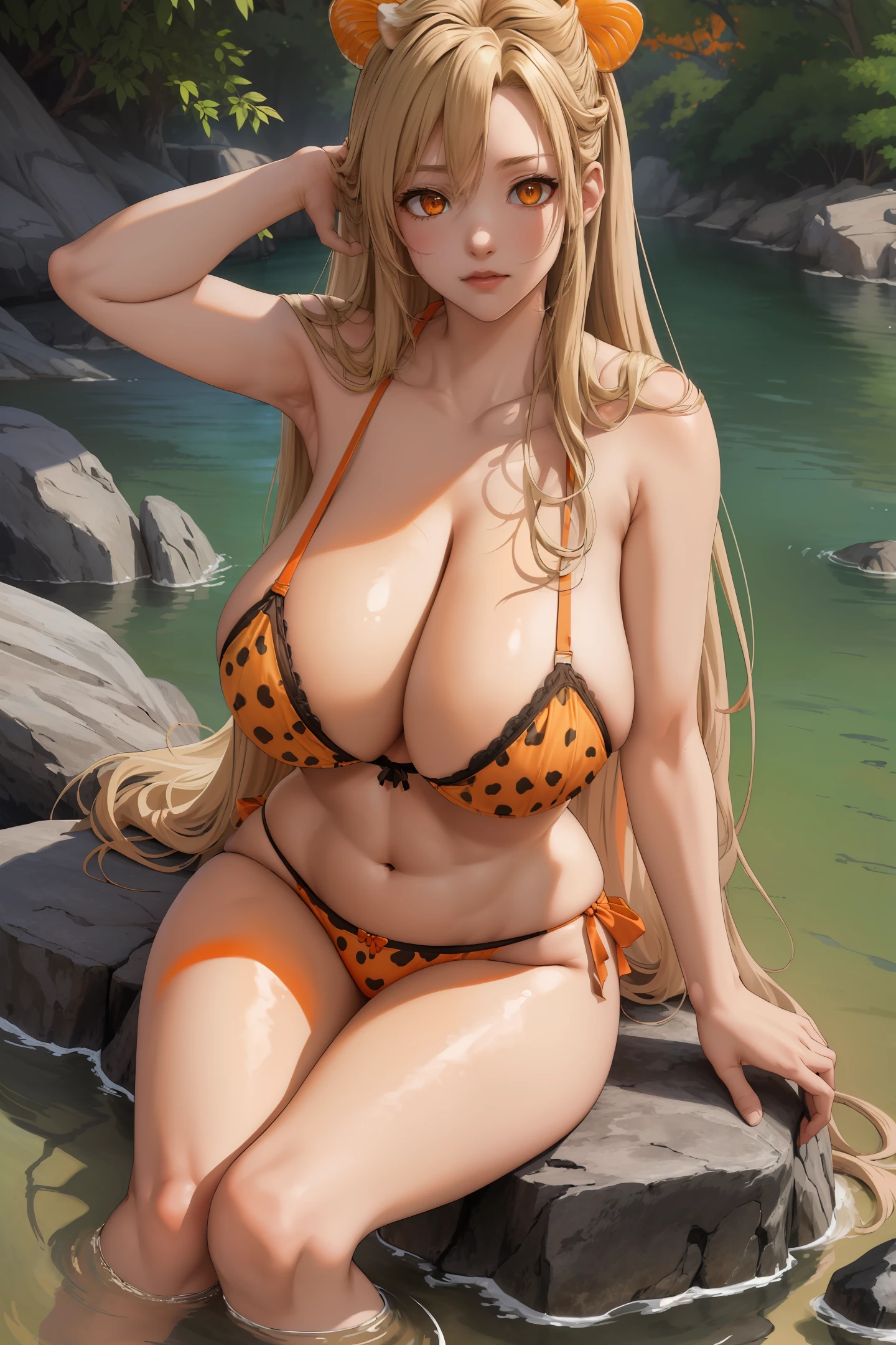 (Best Quality, Masterpiece:1.2), (huge breast: 1.4), (hanging breast: 1.4), (gigantic breast:1.4), (Absurdres:1.2), 4K, Detailed, Ultra-Detailed, Digital Art, Detailed Face, (Hyper-Detailed Eyes:1.2), (Solo:1.4), 1Girl, (Facing Viewer:1.2), (Yuuki Asuna:1.2), (Honey Blonde Hair:1.4), Long Hair, (Sidelocks:1.2), (Orange Eyes:1.4), (Curvy:1.4), Thick Thighs, (Cowprint Bra:1.2), (Cowprint Panties:1.2),Rocks, Coast, (Shore:1.2), (Sitting:1.4), Sitting on Rock, Trees, Plants, (Bush:1.2), Waves, (Causting:1.2), (Hyper-Detailed Water:1.2),