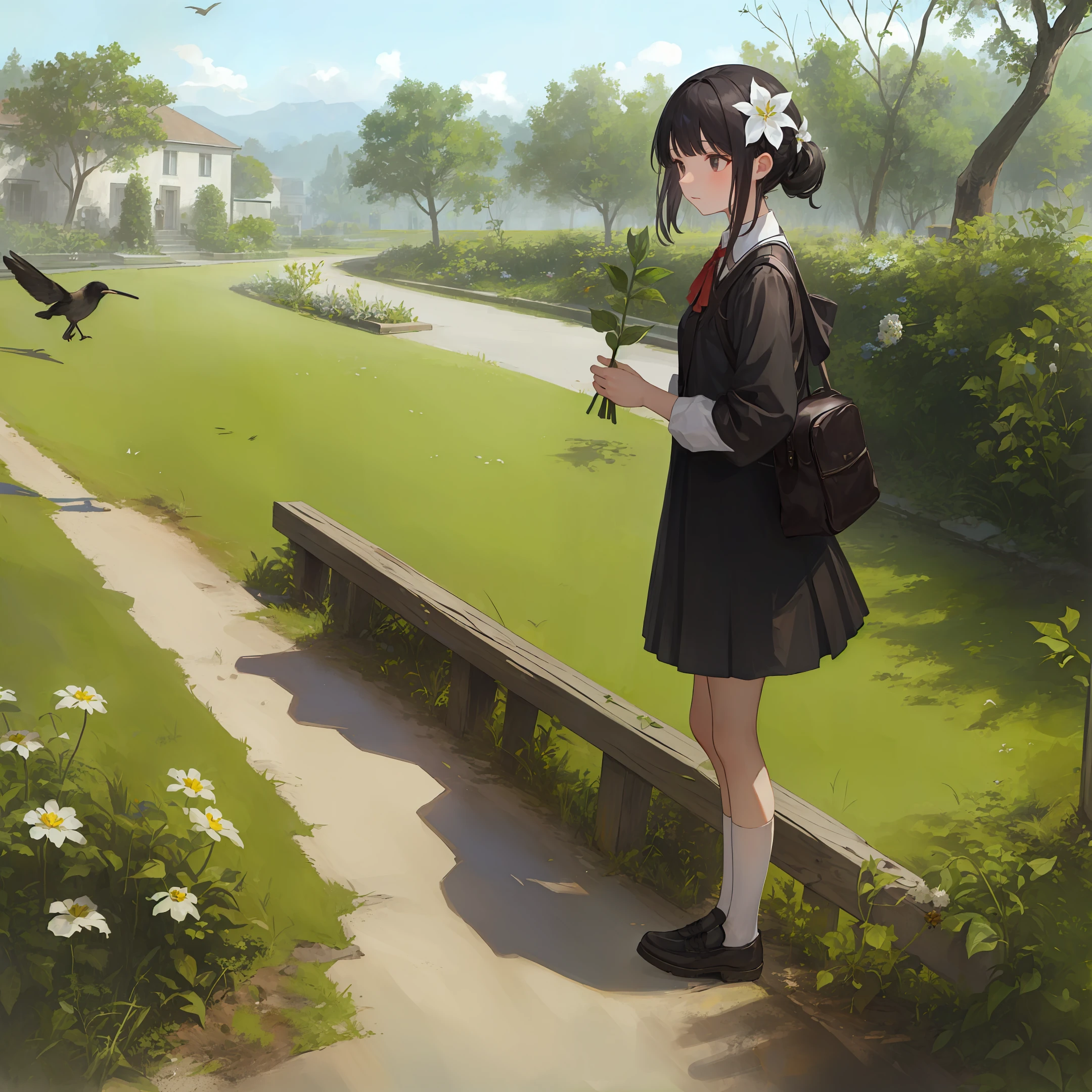 ((masterpiece,best quality)), (1 girl), outdoor, grass, plant, flower, tree, abandoned, standing,  ornament, birds, black hair, hair flower, black eyes, socks, holding flower, ultra wide angle,