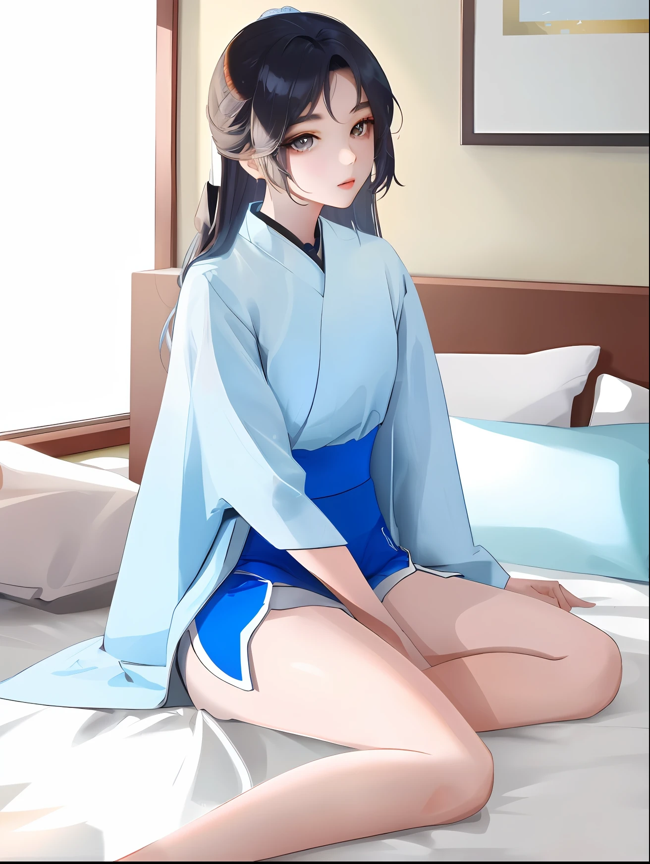 araffe asian woman in a white shirt and blue shorts sitting on a bed, gorgeous young korean woman, sitting on the bed, sitting on a bed, korean girl, young and cute girl, pretty face with arms and legs, sitting in bedroom, sitting on her bed, good young girl, attractive pose, korean women's fashion model, gorgeous chinese model