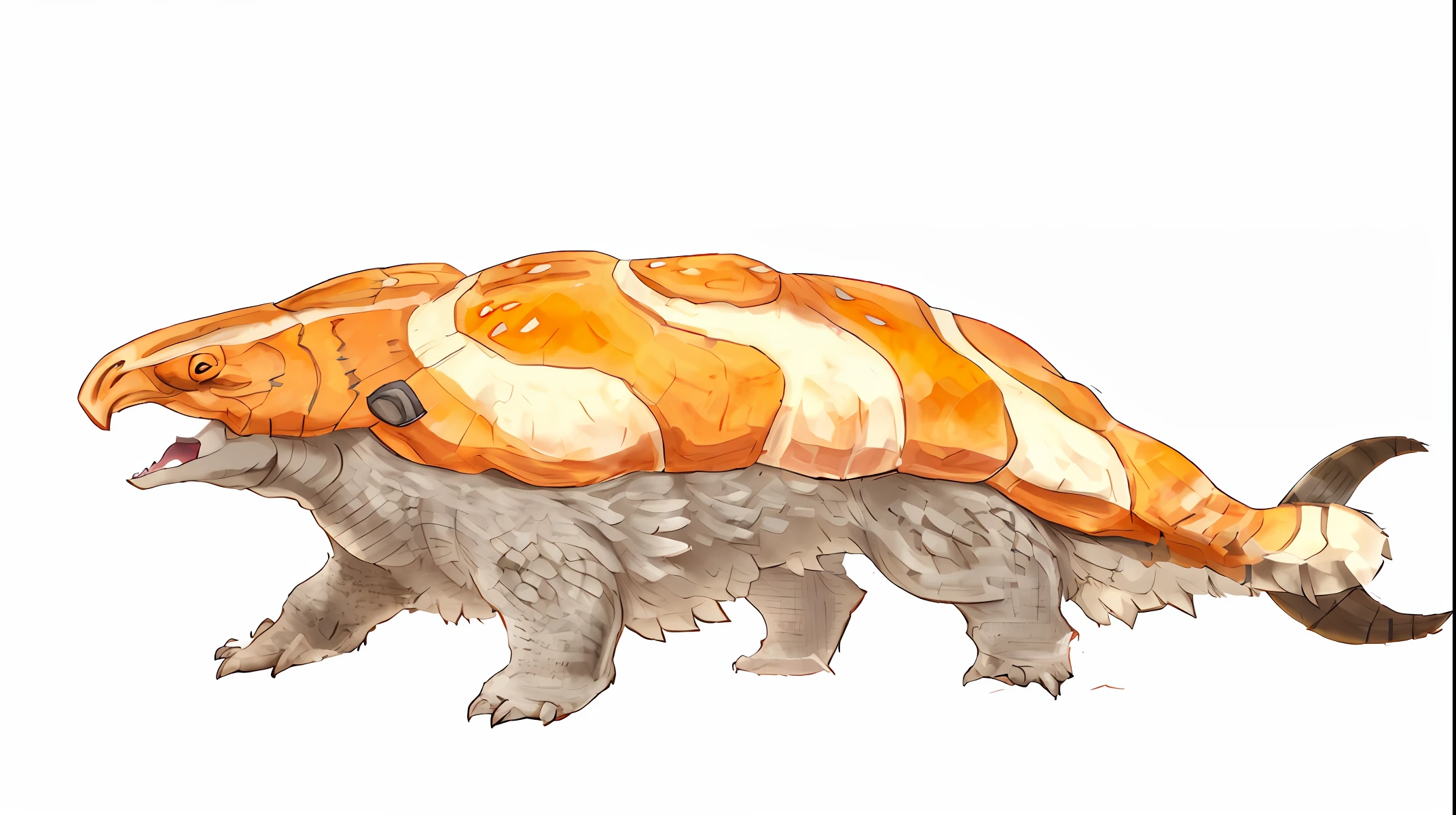 This is a bread pokemon with a smooth carapace anthropomorphic tortoise wearing a striped coat showing off a furry orange underbelly, a huge and slow animal figure from D&amp;D loxodon, shown in Monster Hunter World . Please generate photorealistic CG models.