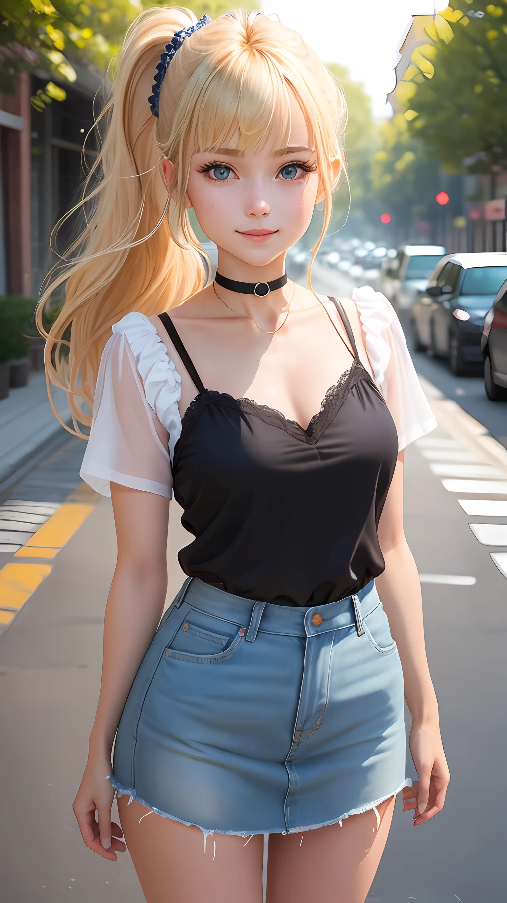 Ultra Detailed, Very Detailed, Masterpiece, Highest Quality, Best Quality, Ridiculous, High Resolution, Subsurface Scattering, (1girl: 1.5), (solo: 1.4), Smile, Blonde Light Blonde, Asymmetrical Hair, Asymmetrical Bangs , ponytail, medium bangs, hair between the eyes, brown eyes, eye reflections, detailed eyes, perfect eyes, rendered eyes, (looking at viewer: 1.1), dynamic pose, dynamic angle, full body, detailed Skin, skin pores, shiny skin, lustrous skin, (skindentation:1.2), breasts, hair flow, idol, light casual wear, fine clothing, denim skirt, (penties:0.7), summer, daytime, sun, outdoors, college, campus, city, sidewalk, (water:0.8 ), (detailed background: 1.2), (complex background: 1.2), depth of field, small choker
