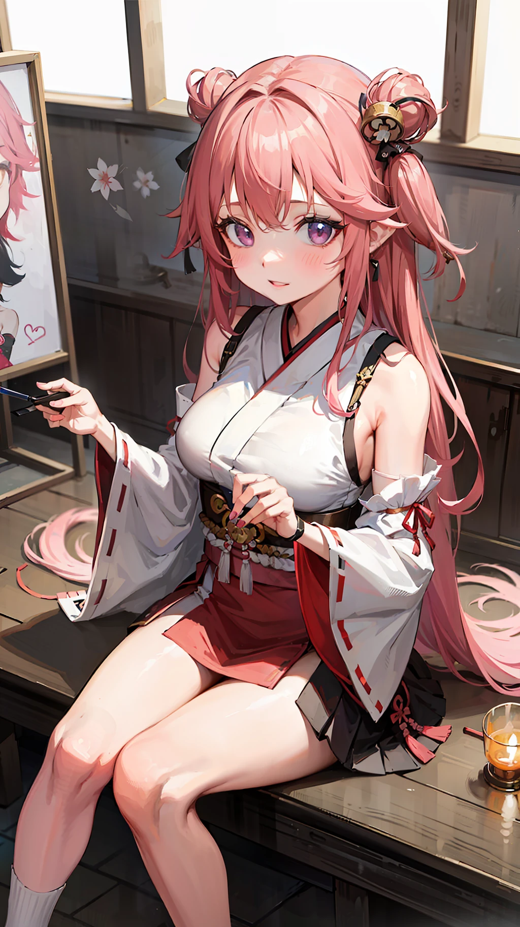 1girl, (ulzzang-6500:0.7), kpop idol, yae miko, detached sleeves, bare shoulders, pink hair, long hair, japanese clothes, best quality, (painting:1.5), (hair ornament:1.35), jewelry, purple eyes, earrings, breasts, torii, cherry blossoms, lantern light, depth of field, detailed face, face focus, ribbon_trim, (looking at viewer:1.25), nontraditional miko, shiny skin, long sleeves, smile, thick lips, game cg, hands on lips, east asian architecture, (blurry background:1.2), sitting, upper body,