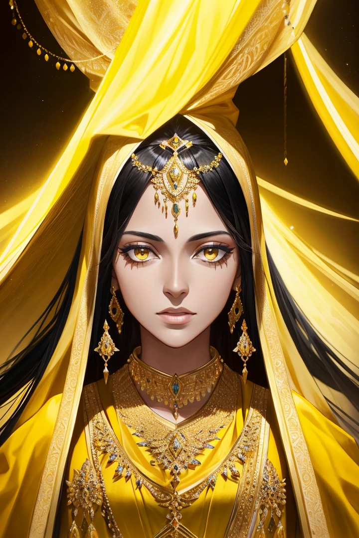 A portrait of Persian princess in yellow and gold robes, Scheherazade, dark skin, detailed face, detailed clothing, portrait, concept art, ultra-realistic illustration, hyperrealistic, fantasy, sharp focus, dramatic, expansive, artstation, by Howard Lyon, intricate, elegant, highly detailed, cinematic lightning, dark, Arabian nights, Robert E. Howard, muted natural colours:1.3