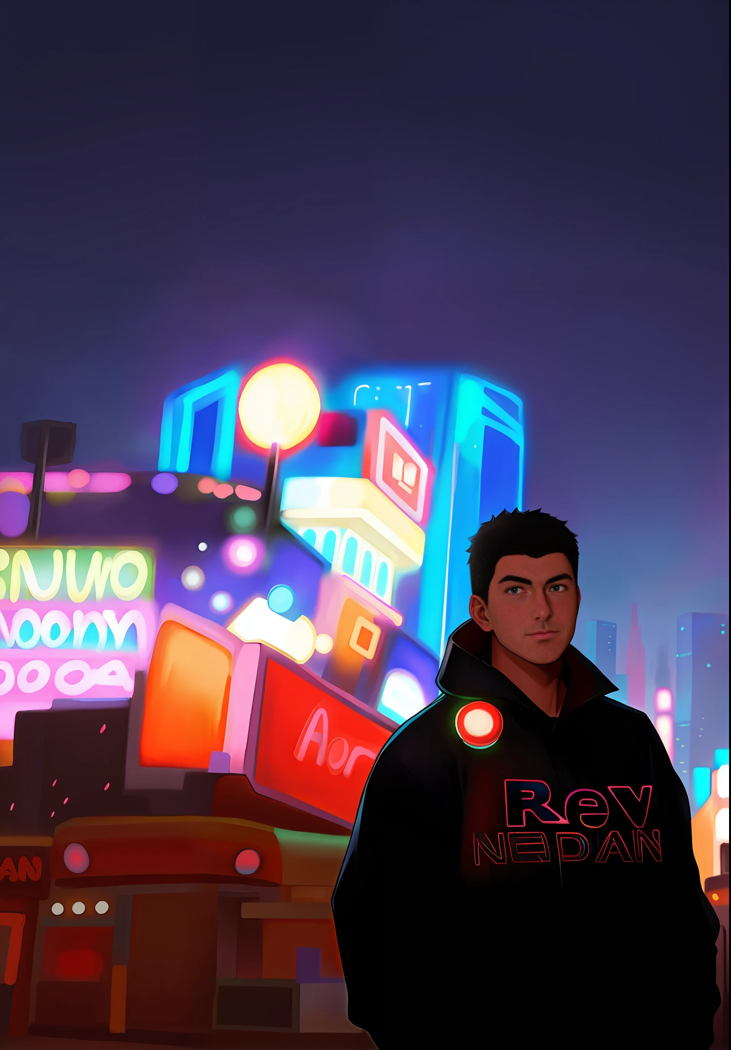 arafed man standing in front of a city at night, neon city in the background, neon lights in the background, hero pose colorful city lighting, in front of a sci fi cityscape, at future neon light rooftop, profile picture 1024px, neon lights in background, steve zheng, with neon lights, neon signs in background