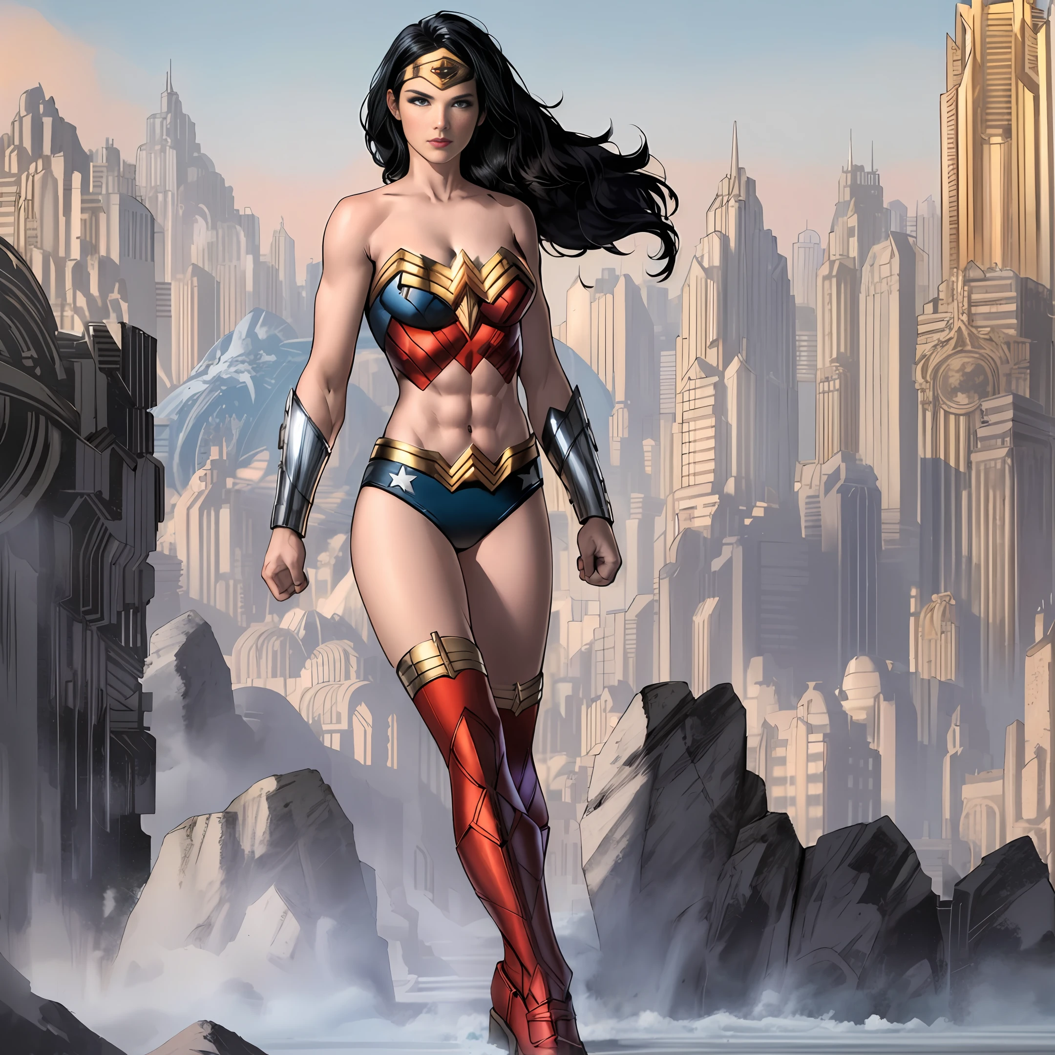 (1girl) ((Solo)) jim lee, inked, masterpiece, best quality, sharp focus, 8k, artstation, Wonder Woman, abs, black hair, blue eyes, closed mouth, large brest (micor Bikini), female focus, (muscular:1.2), long Tail, solo, superhero, flat style, (adult:1.6), sneakers, (Metropolis:1.3), standing, public indecency, skinny, Thigh high mesh socks, arms behind back, tall, Alone