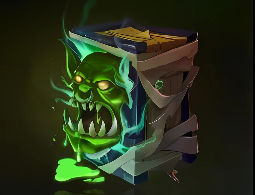 a green monster with a book in its mouth, loot box, floating spellbook, grimoire, lost grimoire, hearthstone art style, hearthstone card art, spell book, in hearthstone art style, hearthstone concept art, from hearthstone, blizzard hearthstone concept art, hearthstone art, hearthstone style art, ability image, fiend folio, hearthstone colour style