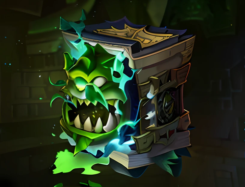 a green monster with a book in its mouth, loot box, floating spellbook, grimoire, lost grimoire, hearthstone art style, hearthstone card art, spell book, in hearthstone art style, hearthstone concept art, from hearthstone, blizzard hearthstone concept art, hearthstone art, hearthstone style art, ability image, fiend folio, hearthstone colour style