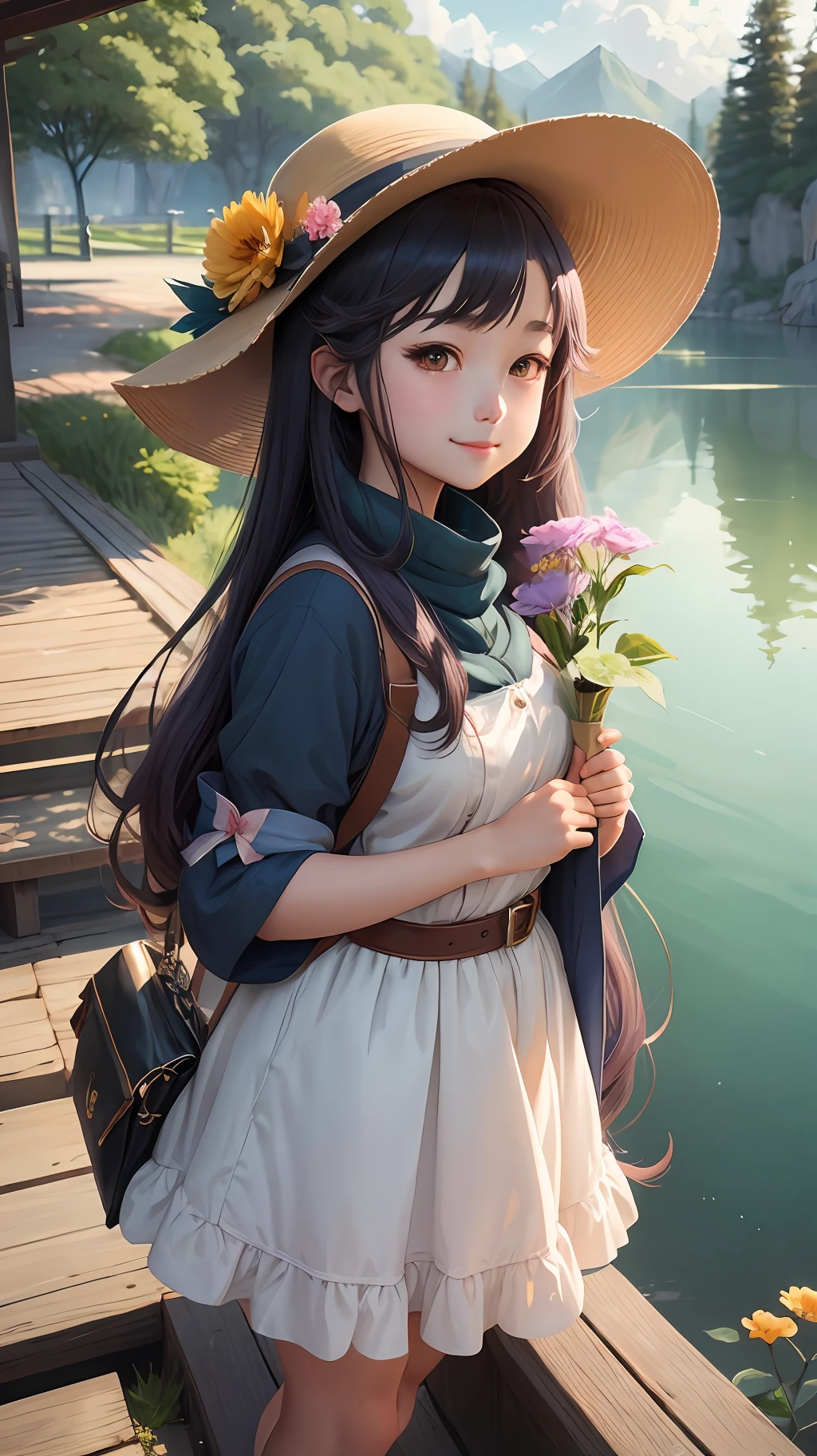 Anime girl with a hat holding a flower in front of a lake, an anime drawing by Yang J, pixiv, fantasy art, artwork in the style of guweiz, guweiz, beautiful anime girl, sweet smile, perfect hands, hands detail. Details are enhanced. beautiful anime portrait, beautiful anime style, young anime girl, trending on cgstation, cute anime girl, pretty anime girl, portrait anime girl