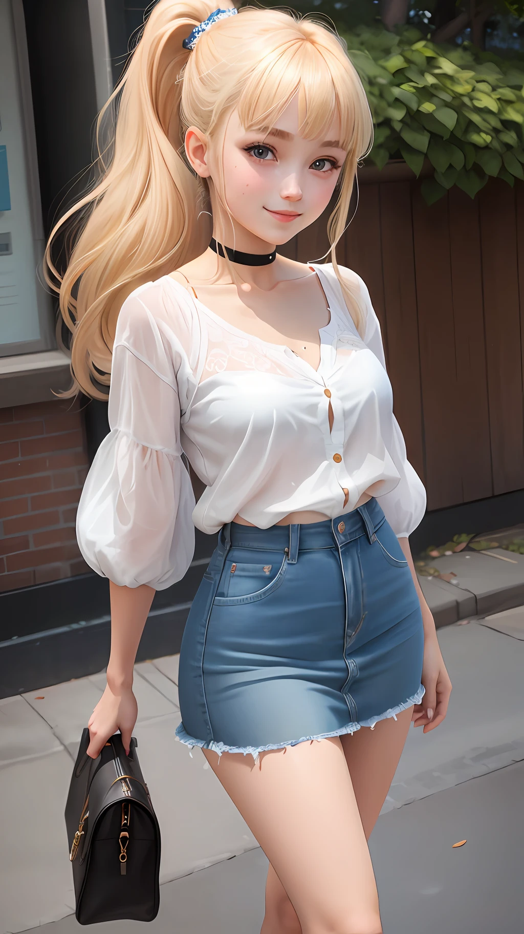 Ultra Detailed, Very Detailed, Masterpiece, Highest Quality, Best Quality, Ridiculous, High Resolution, Subsurface Scattering, (1girl: 1.5), (solo: 1.4), Smile, Blonde Light Blonde, Asymmetrical Hair, Asymmetrical Bangs , ponytail, medium bangs, hair between the eyes, brown eyes, eye reflections, detailed eyes, perfect eyes, rendered eyes, (looking at viewer: 1.1), dynamic pose, dynamic angle, full body, perfect Hand, hand detail. Details are enhanced. Refined skin, skin pores, shiny skin, lustrous skin, (skindentation:1.2), breasts, hair flow, idol, light casual clothes, delicate clothes, denim skirts, (penties:0.7), summer, daytime, sun, outdoors, college, campus, city, sidewalk, (water:0.8 ), (detailed background: 1.2), (complex background: 1.2), depth of field, small choker