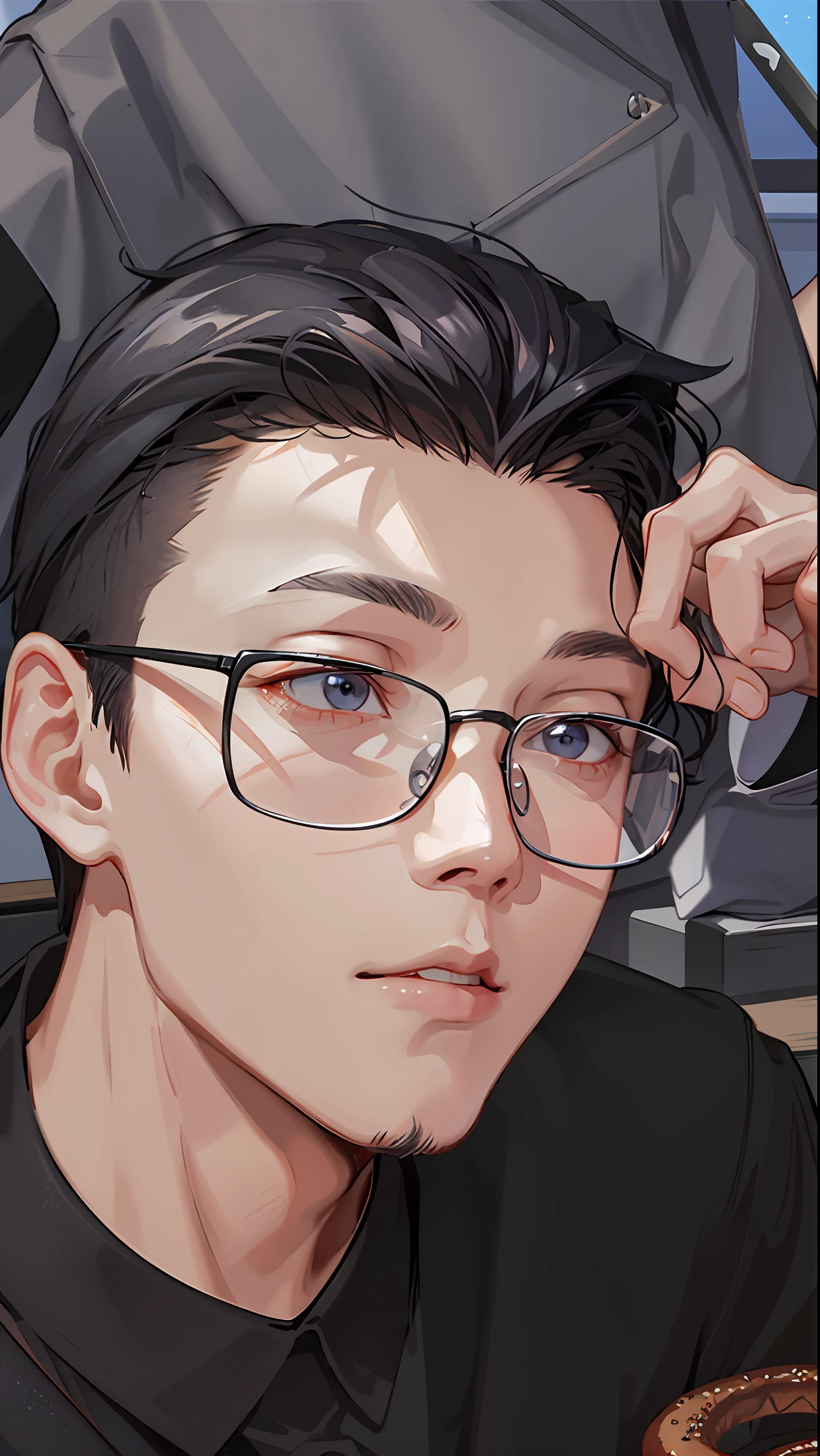 there is a man with glasses sitting at a table with a doughnut, yanjun chengt, wenjun lin, phong shaded, xintong chen, steve zheng, qifeng lin, yihao ren, stanley artgem lau, david luong, twitch streamer / gamer ludwig, peter xiao , qichao wang, li zixin, leng jun
