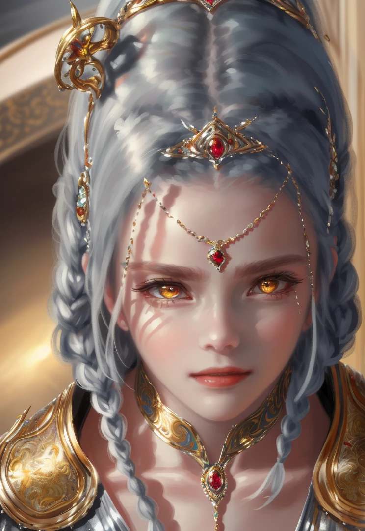 (masterpiece, sidelighting, finely detailed beautiful eye: 1.2), realistic, lusmus skin, shiny skin, facial light, shiny face, (1 teens girl), facial light, shiny face, shiny skin, half body, looking viewer, wlop, beautiful girl, jewelry, braids, cute face, golden eyes, fancy dress, princess