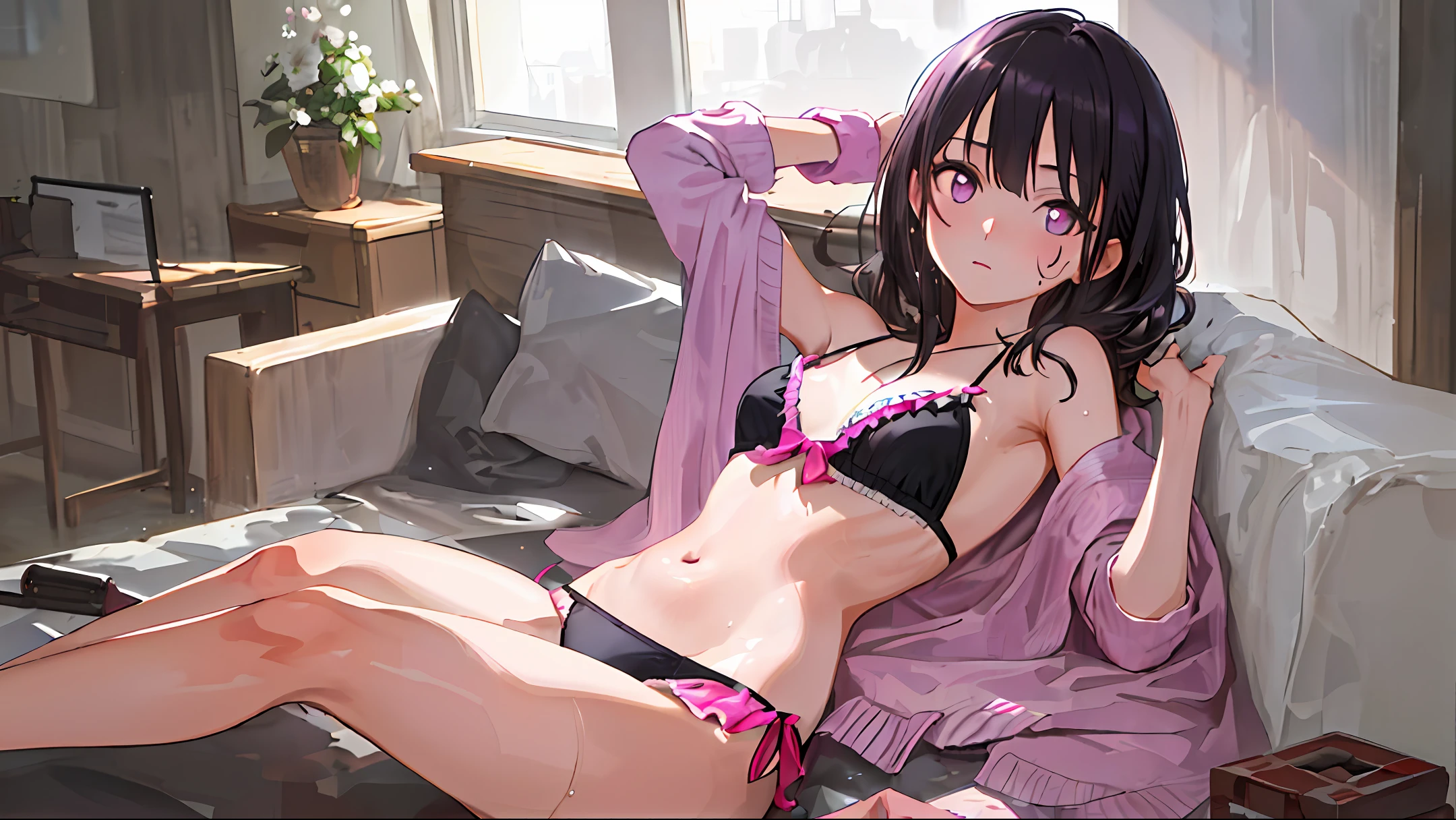 masterpiece, best quality, realistic, hyper-detailed, high resolution, absurd, 1girl, solo, cute, (black hair), (shiny skin, sweaty:1.2), sharp focus, depth of field, detailed eyes, sharp pupils, realistic pupils, looking at viewer, (pink bikini), (purple eyes), small breasts