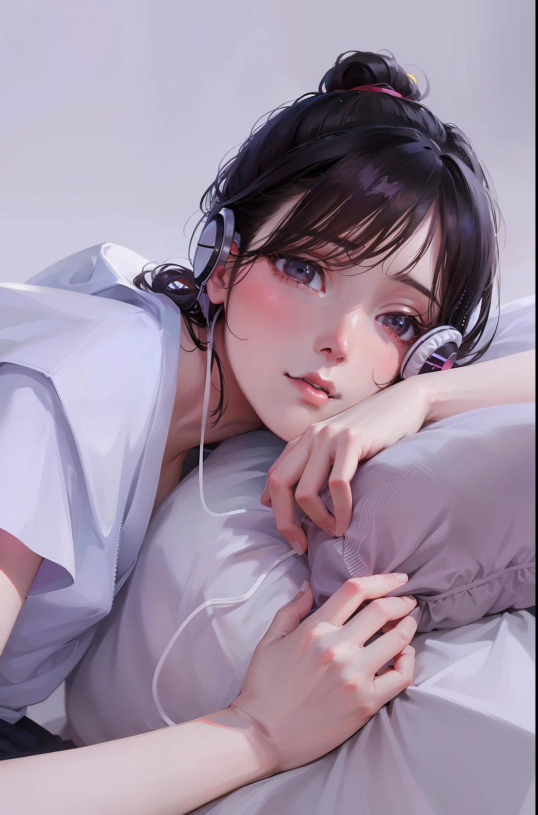 there is a woman laying on a bed with a pillow and headphones, girl cute-fine-face, with cute - fine - face, chiho, 奈良美智, kimi takemura, kotegawa yui, shiori teshirogi, sakimi chan, shikamimi, realistic young gravure idol