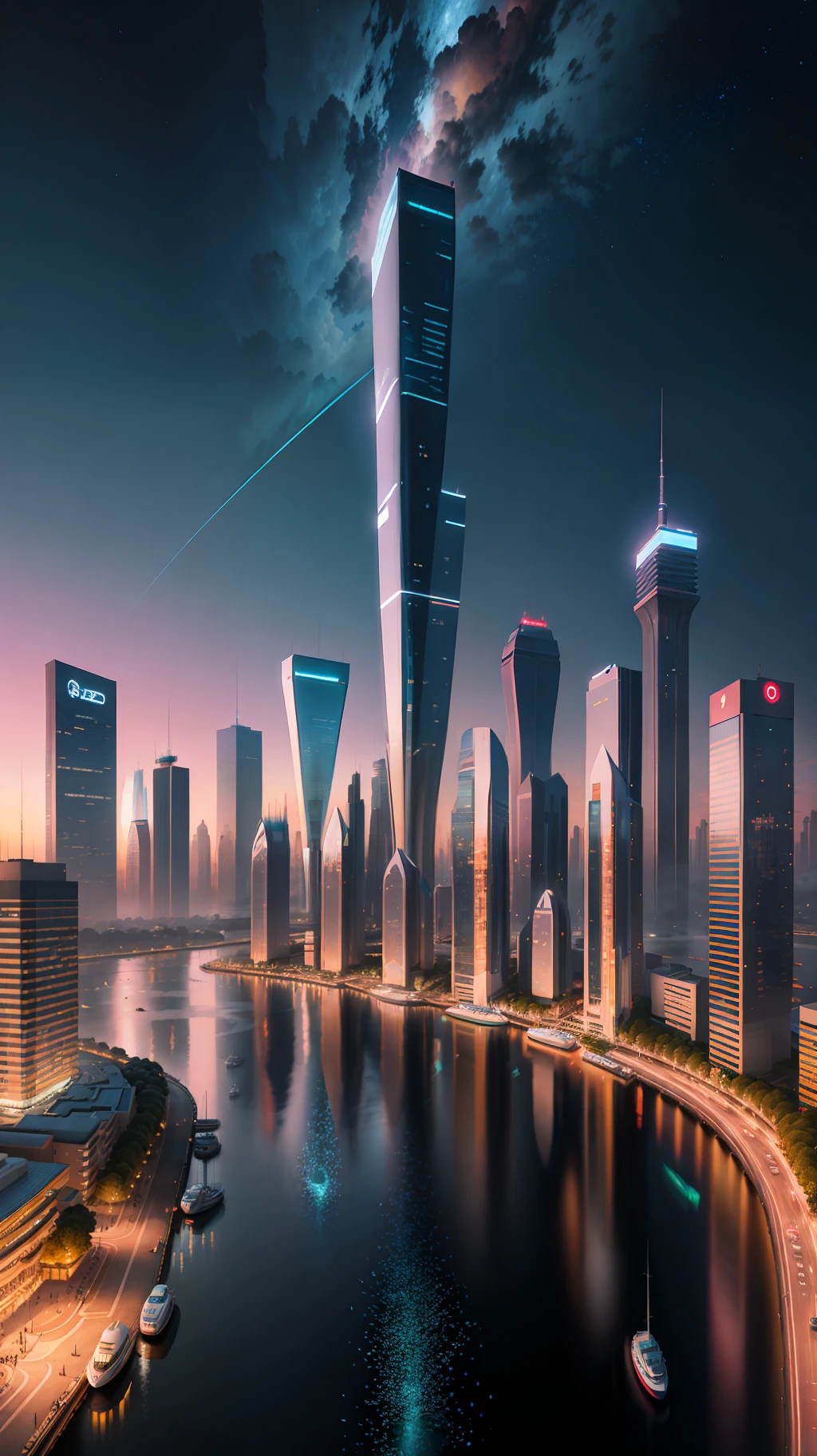Cityscape with lakes and plazas, with lakes to a lesser extent. Calm water, perfect reflections, landmarks, close-ups, huge buildings, illustrations by Zha Shibiao, shutterstock, art nouveau, shenzhen, shenzhen, shenzhen. Wide built, super wide view of cityscape, night view, starry sky, bright tones, clear night. Beautiful city of the future, beautiful cityscape, tech city background, Hou porcelain, with a city in the background. Inspired by Makoto Shinkai&#39;s popular concept art and masterpieces on pixiv, vision (wide angle lens), super high resolution (fidelity: 1.4), super high quality, extremely detailed CG Unity 8k wallpapers, aesthetics, award winning photography, real Sensational, high detail, intricate, traveling art