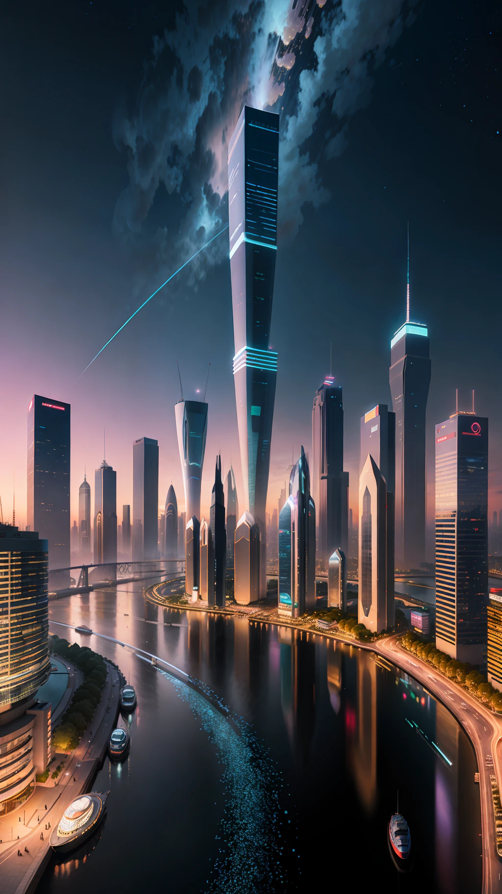 Cityscape with lakes and plazas, with lakes to a lesser extent. Calm water, perfect reflections, landmarks, close-ups, huge buildings, illustrations by Zha Shibiao, shutterstock, art nouveau, shenzhen, shenzhen, shenzhen. Wide built, super wide view of cityscape, night view, starry sky, bright tones, clear night. Beautiful city of the future, beautiful cityscape, tech city background, Hou porcelain, with a city in the background. Inspired by Makoto Shinkai's popular concept art and masterpieces on pixiv, vision (wide angle lens), super high resolution (fidelity: 1.4), super high quality, extremely detailed CG Unity 8k wallpapers, aesthetics, award winning photography, real Sensational, high detail, intricate, traveling art