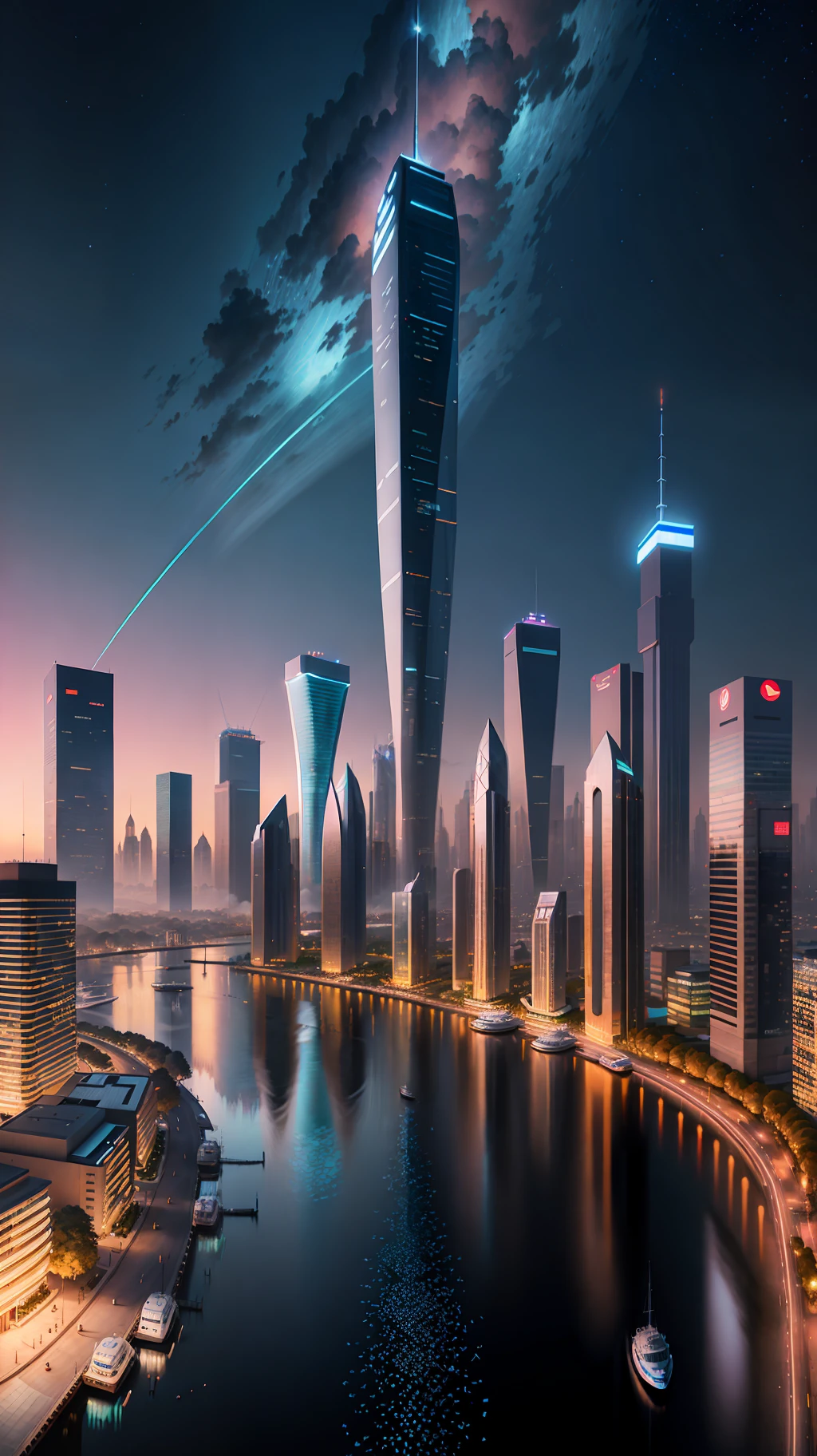 Cityscape with lakes and plazas, with lakes to a lesser extent. Calm water, perfect reflections, landmarks, close-ups, huge buildings, illustrations by Zha Shibiao, shutterstock, art nouveau, shenzhen, shenzhen, shenzhen. Wide built, super wide view of cityscape, night view, starry sky, bright tones, clear night. Beautiful city of the future, beautiful cityscape, tech city background, Hou porcelain, with a city in the background. Inspired by Makoto Shinkai's popular concept art and masterpieces on pixiv, vision (wide angle lens), super high resolution (fidelity: 1.4), super high quality, extremely detailed CG Unity 8k wallpapers, aesthetics, award winning photography, real Sensational, high detail, intricate, traveling art