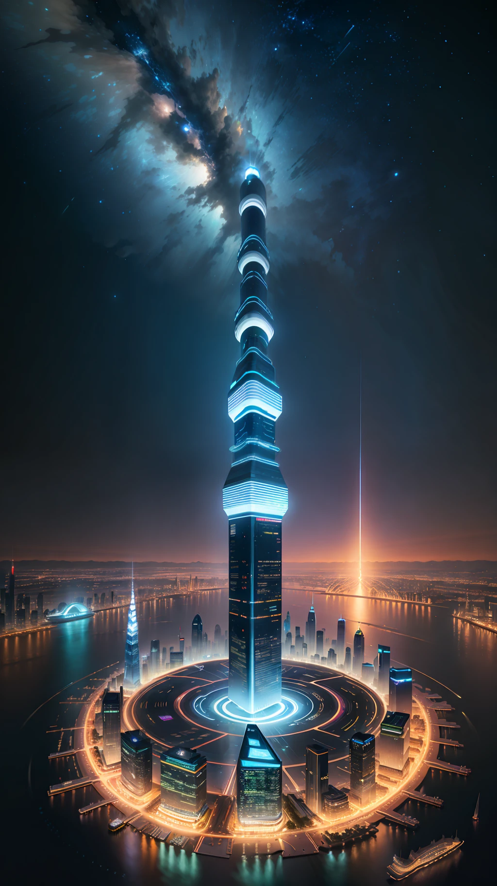 There is a big city with a building in the middle, a matte painting by Cha Shibiao, cgsociety contest winner, concept art, cityscape with small lake and square, landmark, huge building, sci-fi architecture, technology sense architecture, neon architecture, shutterstock, art nouveau, shenzhen, shenzhen, shenzhen. Guangjian, an ultra-wide view of the city landscape, night view, full of stars, Van Gogh's starry sky, bright colors, clear night. Beautiful city of the future, beautiful cityscape, tech city background, Hou porcelain, with a city in the background. Inspired by Makoto Shinkai's popular concept art and masterpieces on pixiv, vision (wide angle lens), super high resolution (fidelity: 1.4), super high quality, extremely detailed CG Unity 8k wallpapers, aesthetics, award winning photography, real Sensational, high detail, intricate, traveling art