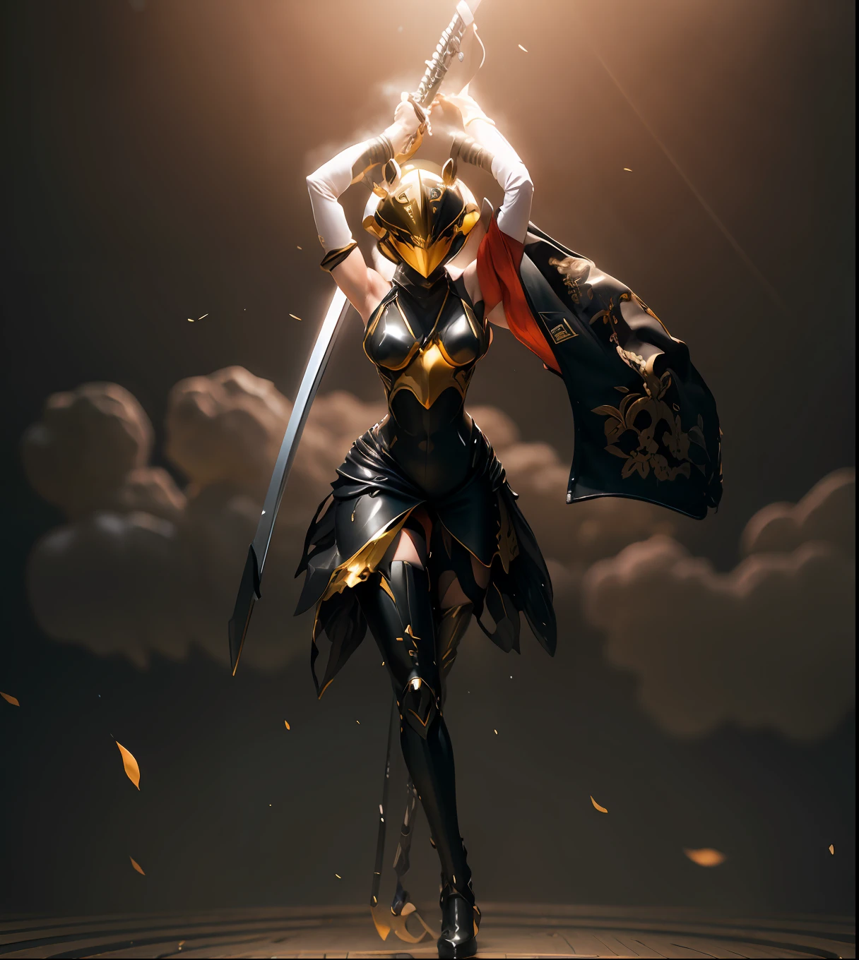 rider helmet in hornet figure, 1 charm girl, clothes with hornet embrose, nishijin ori fibric, thighhighs, light armor, holding a sword with 2 hands, dramatic lighting, realistic rendering, 8K resolution, masterpeice.