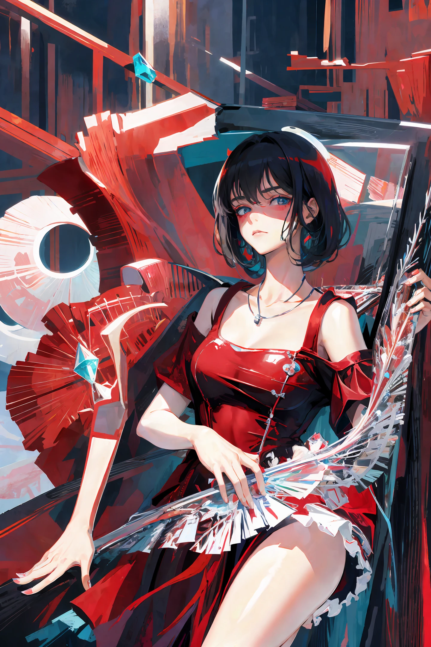 ((Masterpiece, Superb, Super Fine, High Resolution)), solo, beautiful girl, crystal clear eyes, perfect eyes, , black and white red theme, zombie, nurse costume, cute face,
