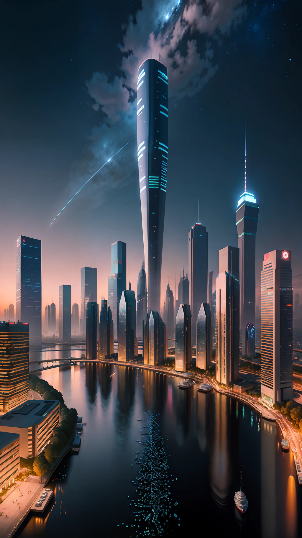 Cityscape with lakes and plazas, with lakes in small proportion. Calm water, perfect reflections, landmarks, close-ups, huge buildings, illustrations by Zha Shibiao, shutterstock, art nouveau, shenzhen, shenzhen, shenzhen. Wide built, super wide view of cityscape, night view, meteor, beautiful meteor shower, bright tones, clear night. Beautiful city of the future, beautiful cityscape, tech city background, Hou porcelain, with a city in the background. Inspired by Makoto Shinkai's popular concept art and masterpieces on pixiv, vision (wide angle lens), super high resolution (fidelity: 1.4), super high quality, extremely detailed CG Unity 8k wallpapers, aesthetics, award winning photography, real Sensational, high detail, intricate, traveling art