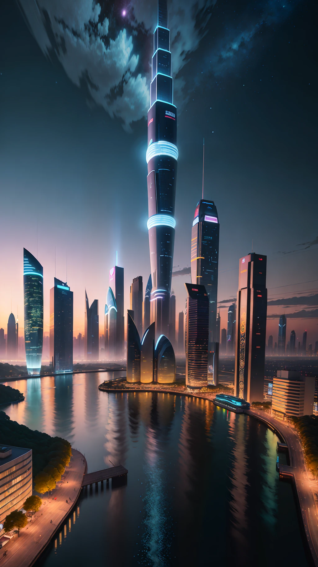 Cityscape with lakes and plazas, with lakes to a lesser extent. Calm water, perfect reflections, landmarks, close-ups, huge buildings, illustrations by Zha Shibiao, shutterstock, art nouveau, shenzhen, shenzhen, shenzhen. Guangjian, ultra-wide field of view of urban landscape, night scene, full of stars, beautiful polar day starry sky, bright colors, clear night. Beautiful city of the future, beautiful cityscape, tech city background, Hou porcelain, with a city in the background. Inspired by Makoto Shinkai&#39;s popular concept art and masterpieces on pixiv, vision (wide angle lens), super high resolution (fidelity: 1.4), super high quality, extremely detailed CG Unity 8k wallpapers, aesthetics, award winning photography, real Sensational, high detail, intricate, traveling art