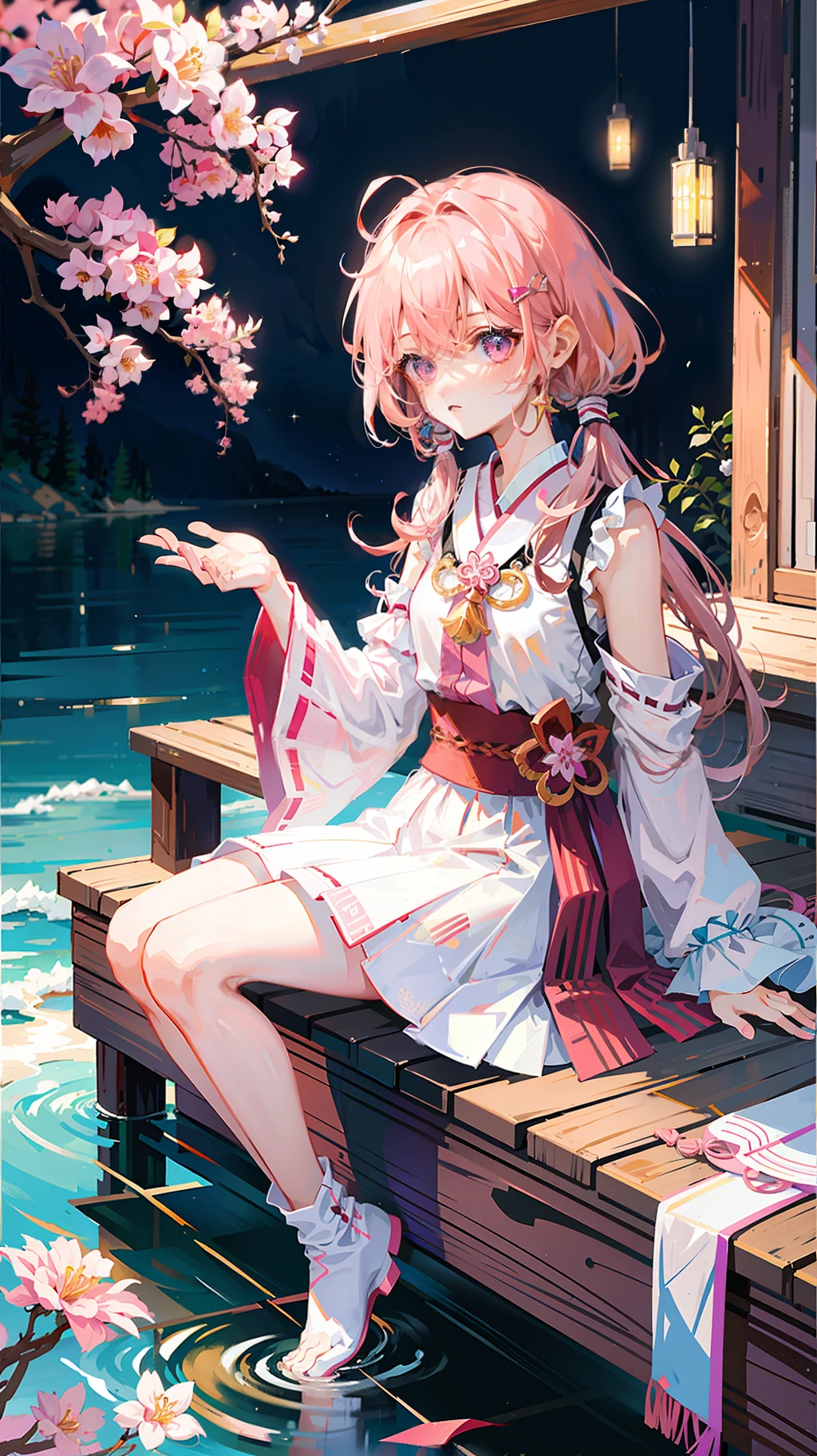 1girl, idol, yae miko, bare shoulders, lonh hair, pink hair, japanese style, sitting,