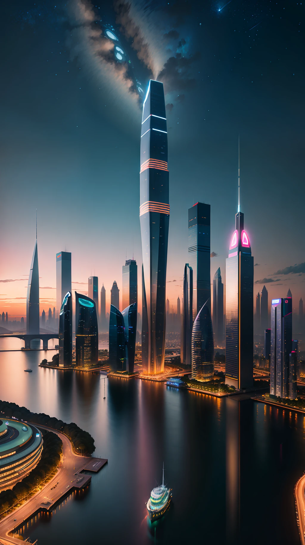 Cityscape with lakes and plazas, with lakes to a lesser extent. Calm water, perfect reflections, landmarks, close-ups, huge buildings, illustrations by Zha Shibiao, shutterstock, art nouveau, shenzhen, shenzhen, shenzhen. Guangjian, ultra-wide field of view of urban landscape, night scene, full of stars, beautiful polar day starry sky, bright colors, clear night. Beautiful city of the future, beautiful cityscape, tech city background, Hou porcelain, with a city in the background. Inspired by Makoto Shinkai's popular concept art and masterpieces on pixiv, vision (wide angle lens), super high resolution (fidelity: 1.4), super high quality, extremely detailed CG Unity 8k wallpapers, aesthetics, award winning photography, real Sensational, high detail, intricate, traveling art