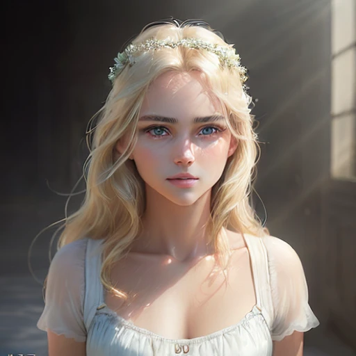 (photorealistic:1.8), (masterpiece, sidelighting, finely detailed beautiful eyes: 1.2), masterpiece*portrait, realistic, 3d face, glowing eyes, shiny hair, lustrous skin, solo, embarassed, (midriff), white underwear, blonde hair, short sleeves, long hair, sexy