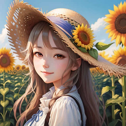 Anime girl with sunflower and straw hat in the field, anime manga by Yang J, pixiv, fantasy art, beautiful anime girl with sunflower, wearing a straw hat, guweiz style artwork, super high resolution, kawaii realistic portrait, realistic cute girl drawing, sweet smile, beautiful anime portrait, cute art style, beautiful character drawing, detailed portrait of anime girl, cute anime girl portrait. Details are enhanced.