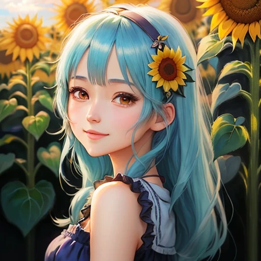 Anime girl with blue hair and sunflower, beautiful sunflower anime girl, high quality anime art style, beautiful anime art style, beautiful anime portrait, super high resolution, sweet smile, anime art style, by Anime Artist Studio Production, kawaii realistic portrait, beautiful anime girl, anime art style, realistic anime art style, cute anime girl, realistic anime art style, beautiful anime style, details enhanced.