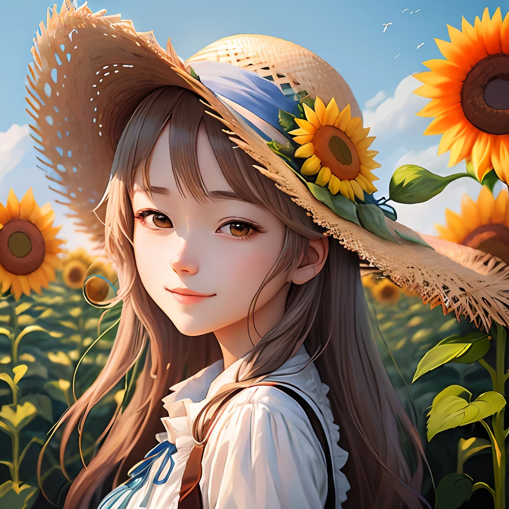 Anime girl with sunflower and straw hat in the field, anime manga by Yang J, pixiv, fantasy art, beautiful anime girl with sunflower, wearing a straw hat, guweiz style artwork, super high resolution, kawaii realistic portrait, realistic cute girl drawing, sweet smile, beautiful anime portrait, cute art style, beautiful character drawing, detailed portrait of anime girl, cute anime girl portrait. Details are enhanced.