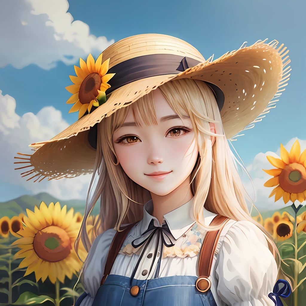 Anime girl with sunflower and straw hat in the field, anime manga by Yang J, pixiv, fantasy art, beautiful anime girl with sunflower, wearing a straw hat, guweiz style artwork, kawaii realistic portrait, super high resolution, sweet smile, realistic cute girl drawing, beautiful anime portrait, cute art style, beautiful character drawing, detailed portrait of anime girl, cute anime girl portrait