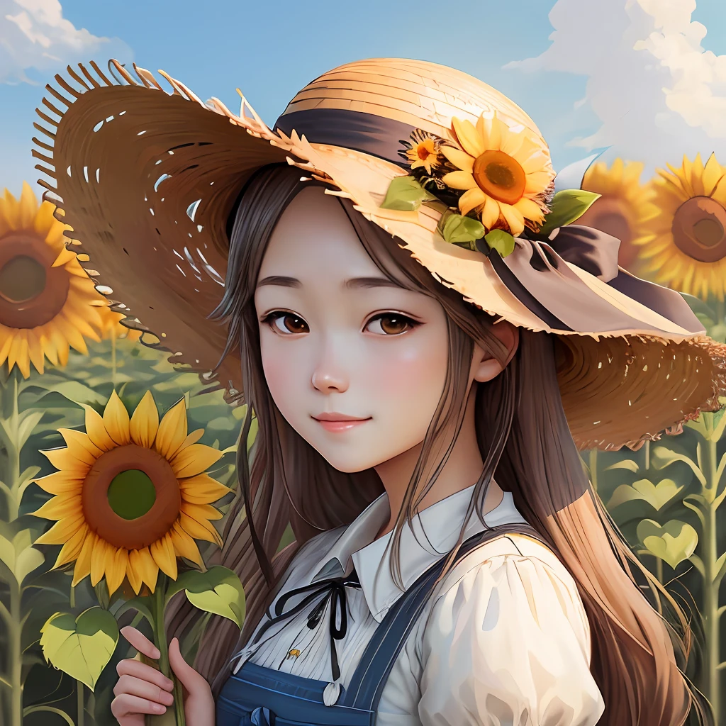 Anime girl with sunflower and straw hat in the field, anime manga by Yang J, pixiv, fantasy art, beautiful anime girl with sunflower, wearing a straw hat, guweiz style artwork, kawaii realistic portrait, super high resolution, sweet smile, realistic cute girl drawing, beautiful anime portrait, cute art style, beautiful character drawing, detailed portrait of anime girl, cute anime girl portrait, detailed background, realistic background, details enhanced.