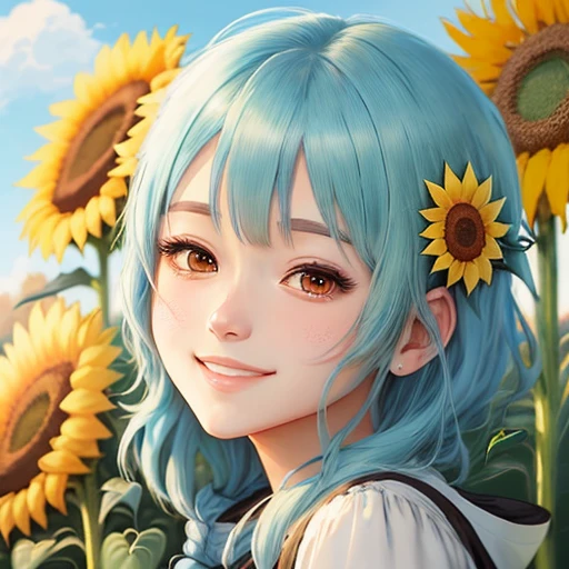 Anime girl with blue hair and sunflower, beautiful sunflower anime girl, high quality anime art style, beautiful anime art style, beautiful anime portrait, super high resolution, sweet smile, anime art style, by Anime Artist Studio Production, kawaii realistic portrait, beautiful anime girl, anime art style, realistic anime art style, cute anime girl, realistic anime art style, beautiful anime style, details enhanced