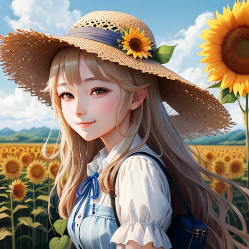 Anime girl with sunflower and straw hat in the field, anime manga by Yang J, pixiv, fantasy art, beautiful anime girl with sunflower, wearing a straw hat, guweiz style artwork, kawaii realistic portrait, super high resolution, sweet smile, realistic cute girl drawing, beautiful anime portrait, cute art style, beautiful character drawing, detailed portrait of anime girl, cute anime girl portrait, detailed background, realistic background, details enhanced.