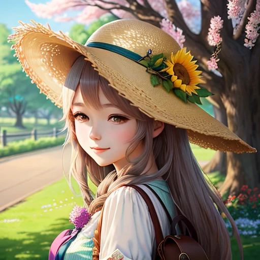 anime girl with hat under sakura tree, anime manga by Yang J, pixiv, fantasy art, beautiful sunflower anime girl, wearing straw hat, guweiz style artwork, kawaii realistic portrait, super high resolution, sweet Smile, realistic cute girl drawing, beautiful anime portrait, cute art style, beautiful character drawing, detailed portrait of anime girl, cute anime girl portrait, detailed background, realistic background, details enhanced.