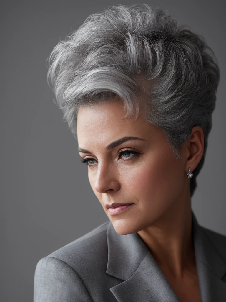 photograph of a gray-haired woman in an elegant business suit, wide frame photography, photoshoot style, exquisite, detailed, dramatic, high-end, real world, (hard focus, 8k), (((natural skin texture))), 8k textures, soft cinematic light, dome lighting, darkroom, hdr, sophisticated, elegant, highly detailed, sharp focus, (((cinematic view))), soothing tones, insane details, high detail, low contrast, soft cinematic light, dull colors, exposure blending, HDR, fading , 35mm, f/1.4, ISO64, f16, 25 sec.