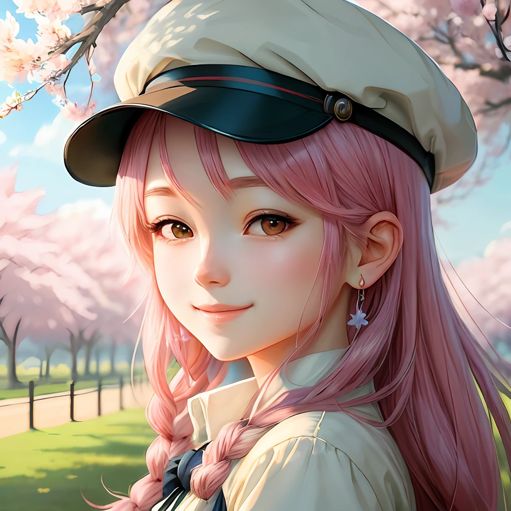 anime girl with hat under sakura tree, anime manga by Yang J, pixiv, fantasy art, beautiful anime girl, girl with peaked cap, youthful vigor, guweiz style artwork, kawaii realistic portrait, super high resolution rate, sweet smile, healing smile, realistic cute girl drawing, beautiful anime portrait, cute art style, beautiful character drawing, detailed portrait of anime girl, cute anime girl portrait, detailed background, realistic background, Details are enhanced.