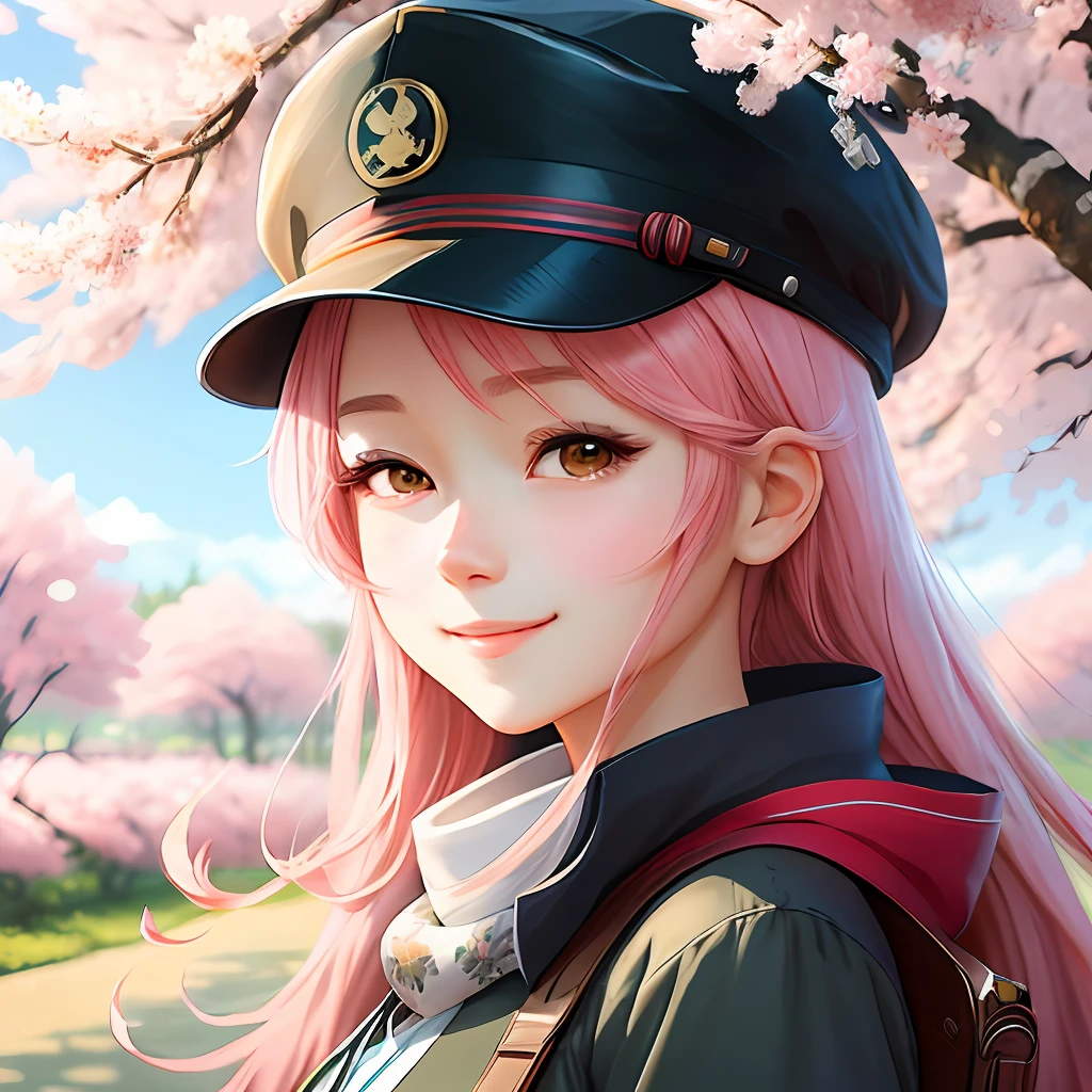 anime girl with hat under sakura tree, anime manga by Yang J, pixiv, fantasy art, beautiful anime girl, girl with peaked cap, youthful vigor, guweiz style artwork, kawaii realistic portrait, super high resolution rate, sweet smile, healing smile, realistic cute girl drawing, beautiful anime portrait, cute art style, beautiful character drawing, detailed portrait of anime girl, cute anime girl portrait, detailed background, realistic background, Details are enhanced.