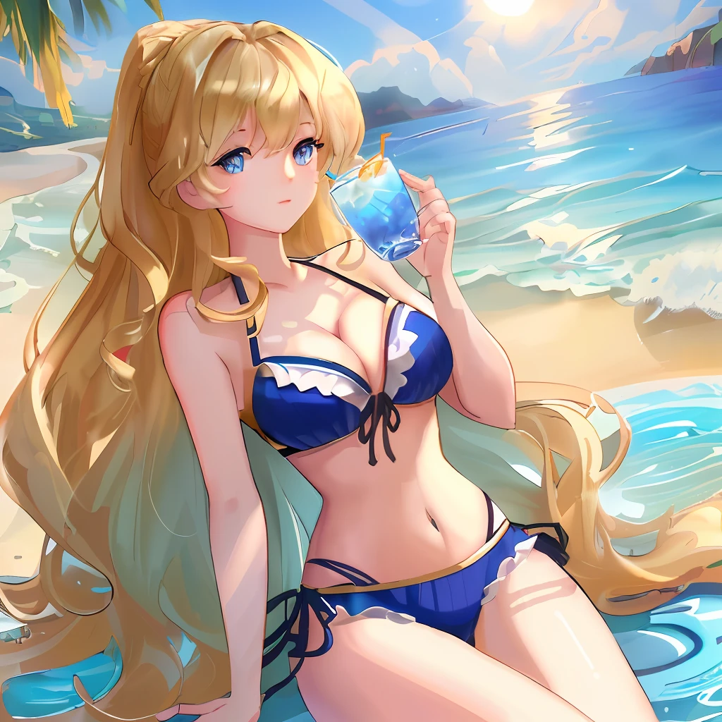 (extremely fine CG unity 8k wallpaper, masterpiece, best quality, super detailed), (best lighting, best shadows, rich details), high saturation, beach, (3girl), (blue eyes), (golden flowing Long hair: 1.2+ waves), (bikini), drinking summer drinks, wide angle shots.