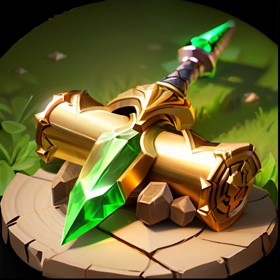 Hand-drawn style, a drawn gold sword, the blade is a green gem, (green plant handle: 1.2), (brown bark material scroll: 1.2), round gold coins, sword design, mobile game, icon, game icon assets, project art, blender, oc renderer, ultra hd, ambient occlusion render, render in zbrush, behance hd, ,rpg game project, rpg illustration, mobile game