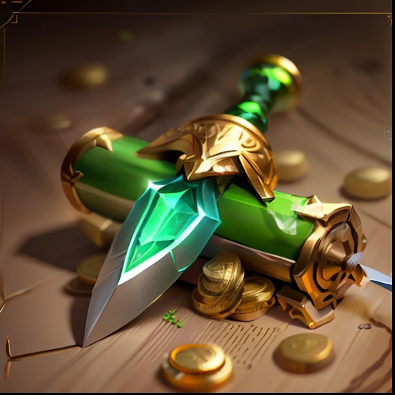 Hand-drawn style, a drawn gold sword, the blade is a green gem, (green plant handle: 1.2), (brown bark material scroll: 1.2), round gold coins, sword design, mobile game, icon, game icon assets, project art, blender, oc renderer, ultra hd, ambient occlusion render, render in zbrush, behance hd, ,rpg game project, rpg illustration, mobile game