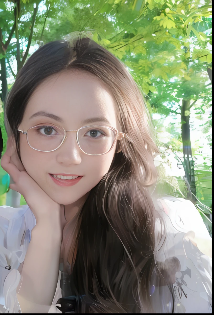 A woman in glasses is posing for a photo in the park, wearing glasses, 8k selfie, square glasses, small round glasses, thin big round glasses, Chinese girl, wearing glasses, portrait photo headshot, cute