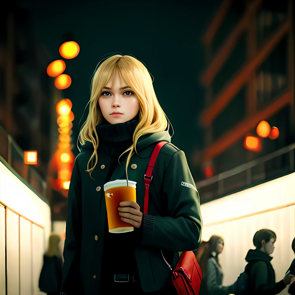 Blonde girl walking and drinking beer in cityscape